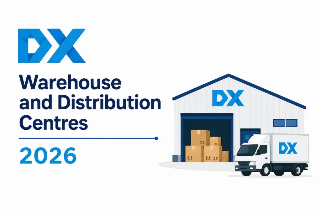 DX Warehouse and Distribution Centres 2026 with DX logo, warehouse building, delivery truck and boxes