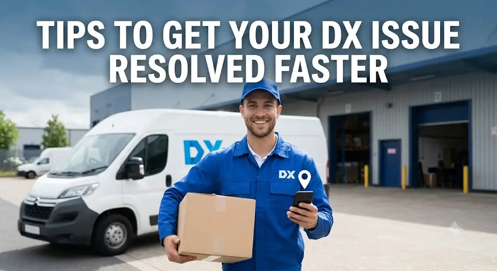 DX delivery driver with parcel and phone in front of DX van. Text: Get Your DX Issue Resolved Faster.