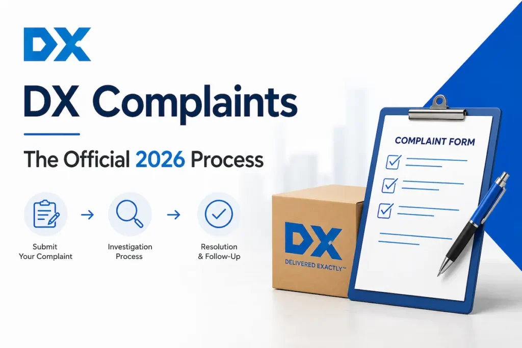 DX Complaints The Official 2026 Process. 3 step process: Submit Your Complaint, Investigation Process, Resolution and Follow-Up, with DX parcel box and complaint form clipboard.