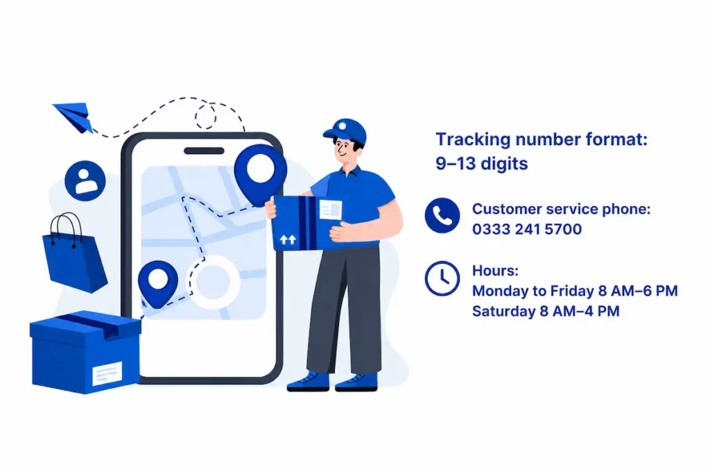 Illustration of DX delivery service showing a delivery person holding a parcel next to a smartphone with map and location pins. Text shows tracking number format 9-13 digits, customer service phone 0333 241 5700, and business hours Monday to Friday 8 AM to 6 PM, Saturday 8 AM to 4 PM.
