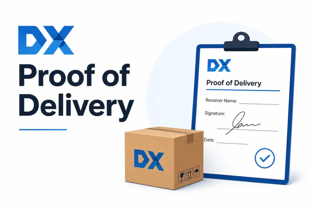 DX Proof of Delivery illustration showing a DX branded parcel box next to a clipboard form with fields for receiver name, signature, and date.