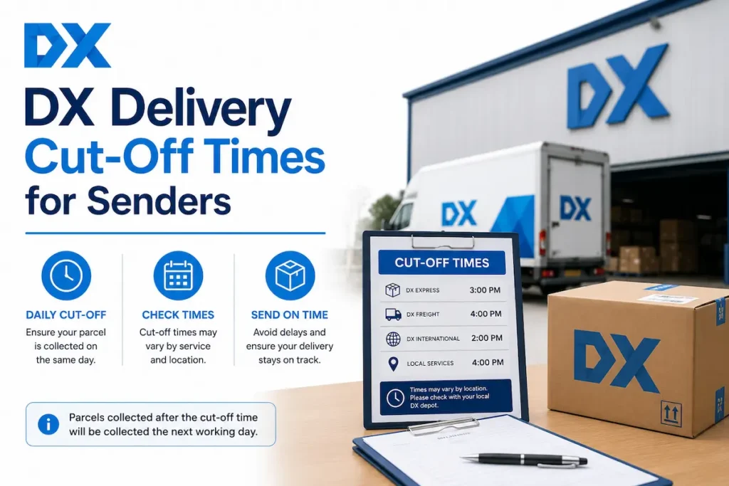 DX Delivery Cut-Off Times for Senders. Infographic showing DX Express 3:00 PM, DX Freight 4:00 PM, DX International 2:00 PM and Local Services 4:00 PM with DX truck, box and clipboard.