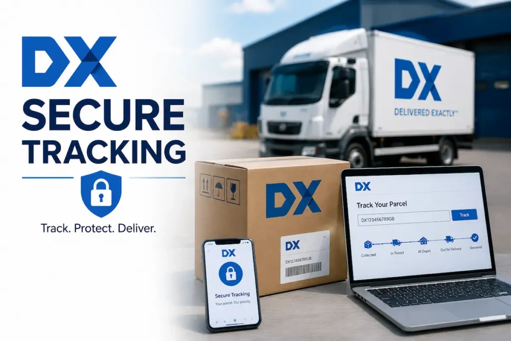DX Secure Tracking. DX branded delivery truck, parcel box, laptop and phone showing parcel tracking page with text Track Protect Deliver.