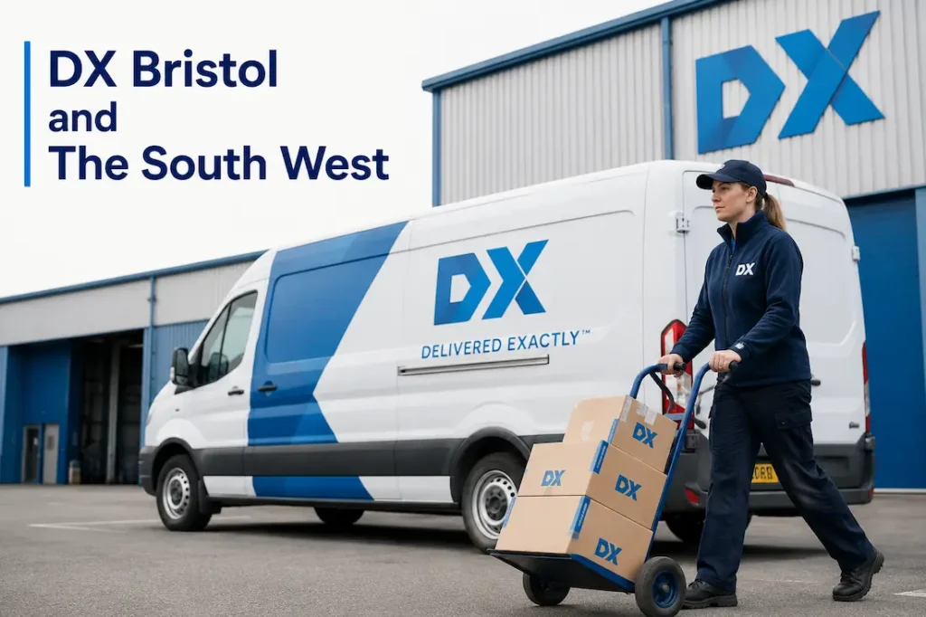 DX delivery driver in uniform moving DX branded boxes on a trolley outside DX Bristol and The South West depot with a DX delivery van