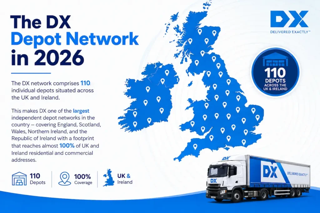 Infographic titled The DX Depot Network in 2026 showing a map of the UK and Ireland with 110 DX depot locations marked, plus text stating 110 depots and 100% coverage, and a DX delivery truck