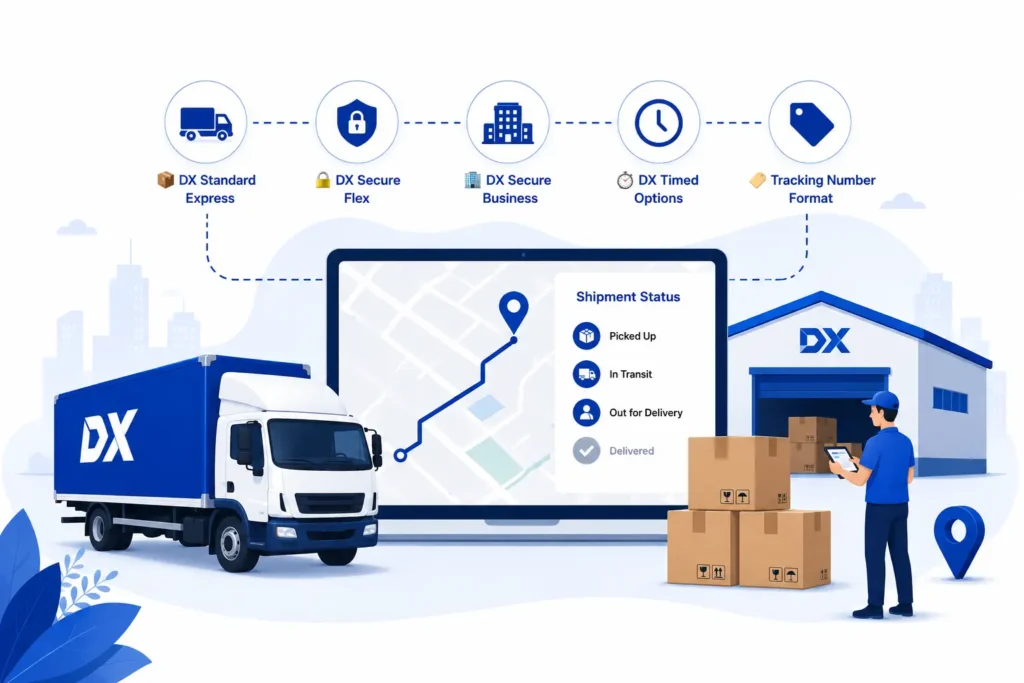Illustration of DX delivery services including truck, warehouse, shipment tracking, and 5 DX Express product icons.