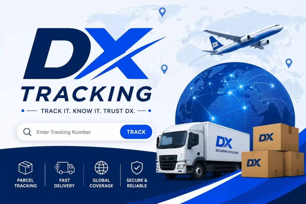 DX Tracking homepage banner with logo, tracking number search bar, delivery truck, cargo plane and global coverage icons