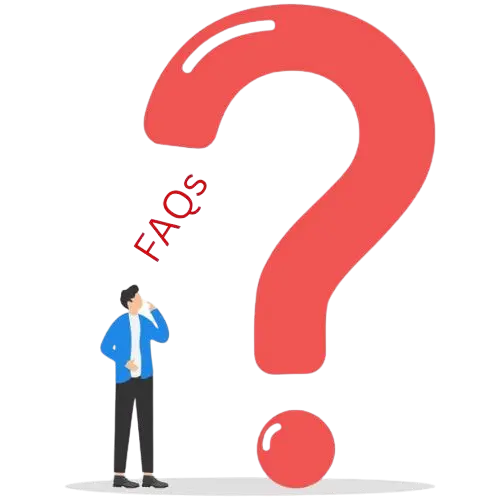 Illustration of a person standing next to a large blue question mark with FAQs text for the Frequently Asked Questions section