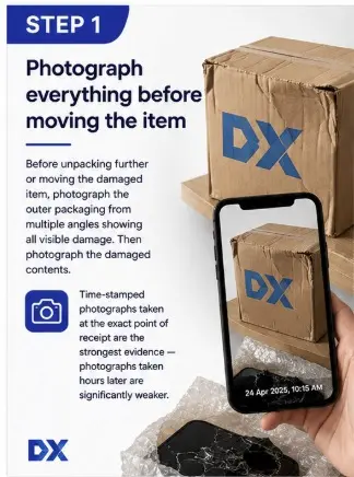 Step 1: Photograph everything before moving the item. Illustration showing a DX parcel box and a phone taking a time-stamped photo of a damaged package with text about photographing outer packaging and contents.