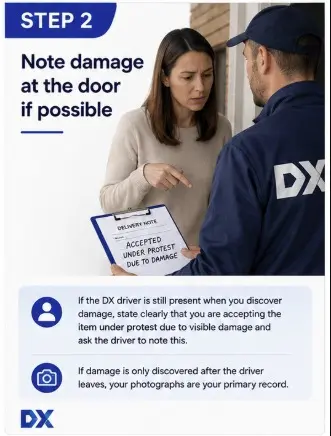 Step 2: Note damage at the door if possible. Photo of a customer and DX driver discussing a damaged parcel, with a delivery note showing Accepted Under Protest Due to Damage.